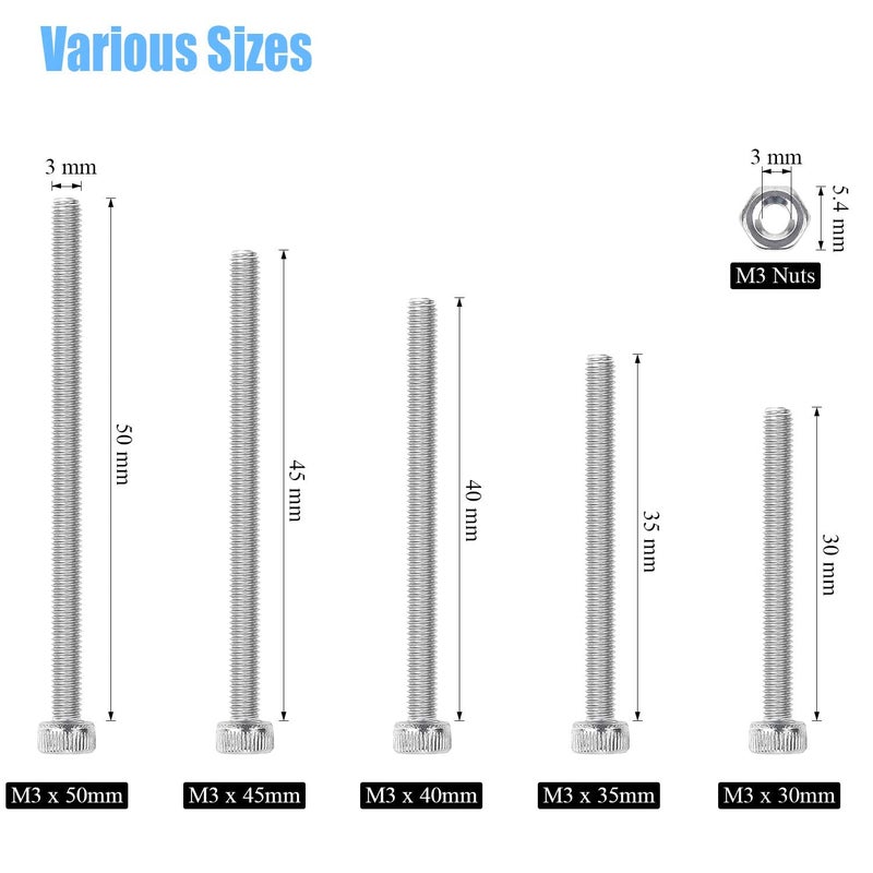 DYWISHKEY 200 Pieces M3 x 30mm/35mm/40mm/45mm/50mm Stainless Steel 304 Hex Socket Head Cap Bolts Screws and Nuts Kit - Image 3